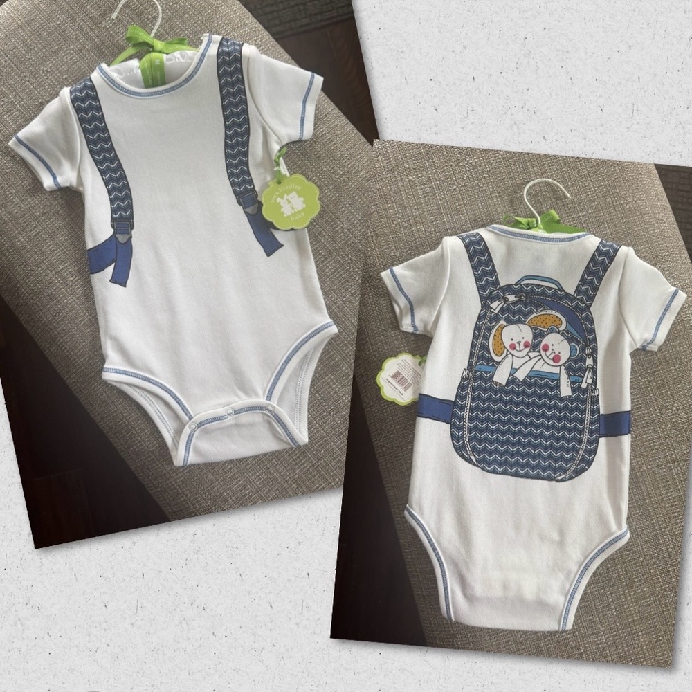 Baby Onesie with Blue Backpack Print
